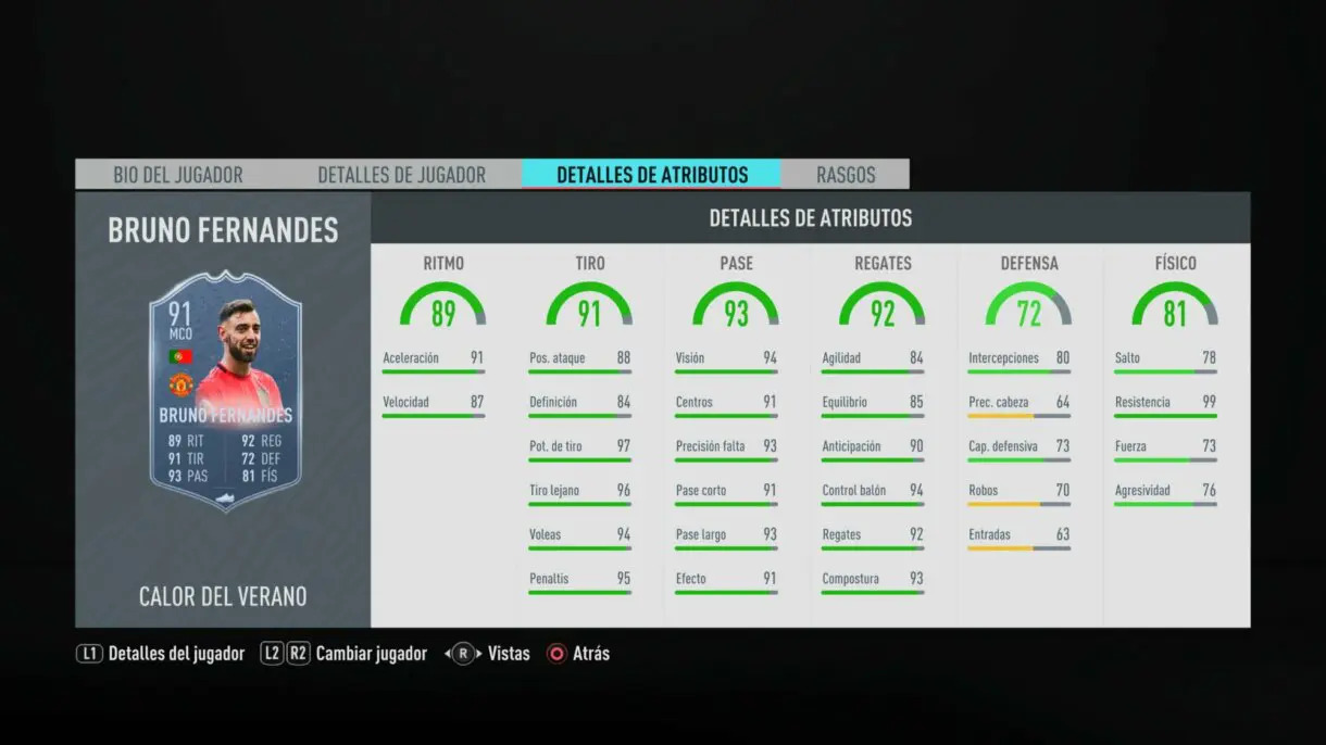 Stats in game Bruno Fernandes Summer Heat FIFA 20 Ultimate Team
