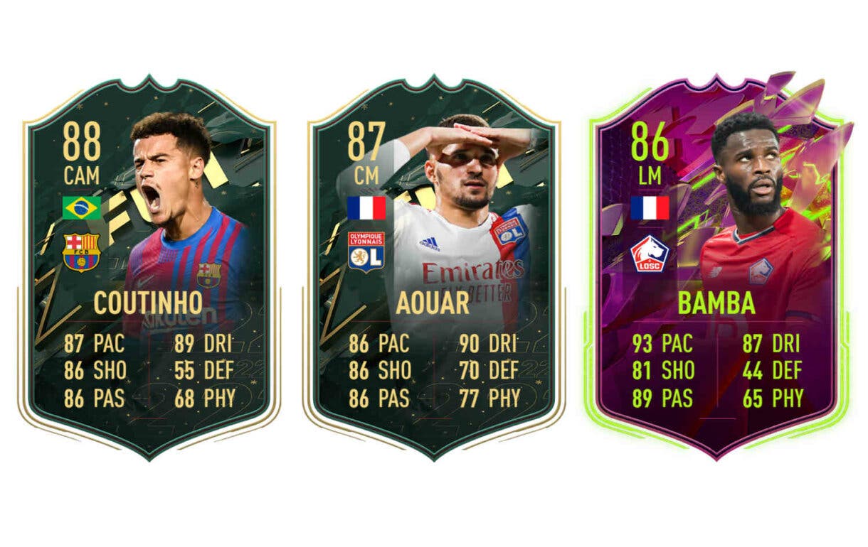 Cartas Coutinho Winter Wildcards, Aouar Winter Wildcards y Bamba Rulebreakers FIFA 22 Ultimate Team