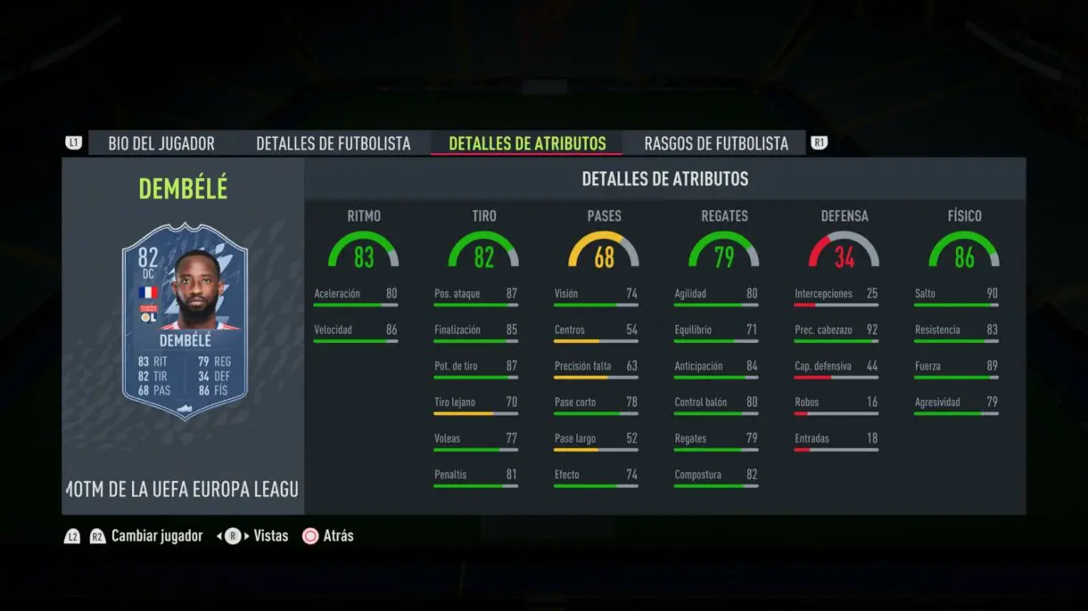 Stats in game Dembélé MOTM FIFA 22 Ultimate Team