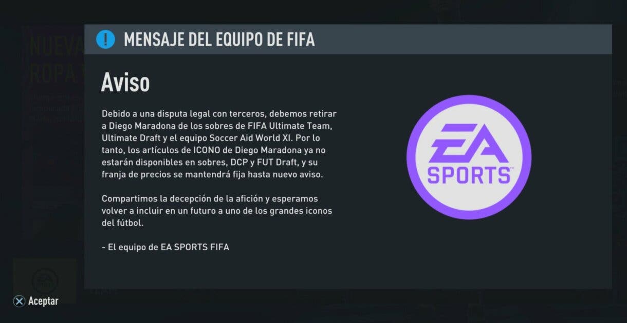 Mensaje de EA Sports sobre la retirada de Maradona Icono de FIFA 22 Ultimate Team