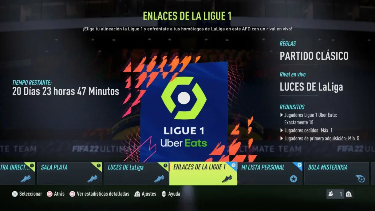 Información general del torneo amistoso online "Enlaces de la Ligue 1" FIFA 22 Ultimate Team