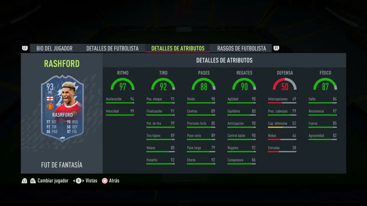 Stats in game Rashford Fantasy FUT FIFA 22 Ultimate Team