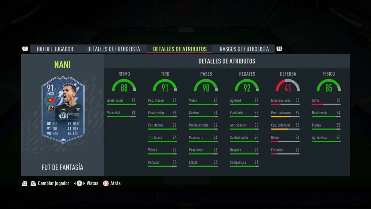Stats in game Nani Fantasy FUT FIFA 22 Ultimate Team