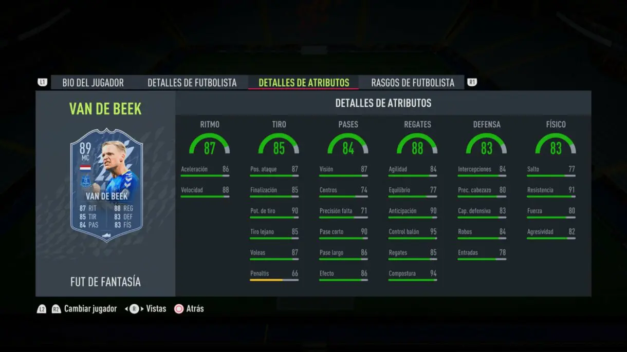 Stats in game van de Beek Fantasy FUT FIFA 22 Ultimate Team