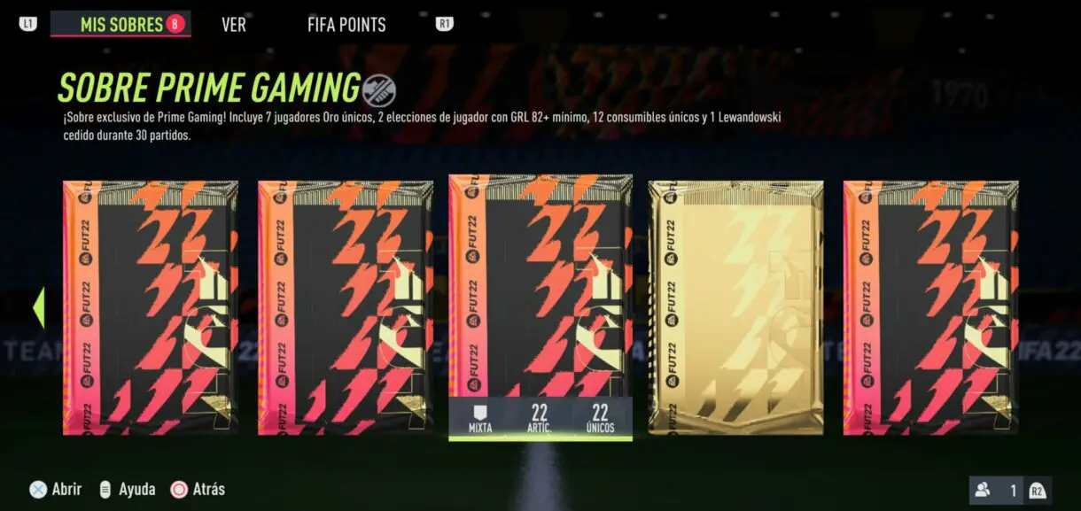 Sobre Prime Gaming desde "Mis sobres" de FIFA 22 Ultimate Team