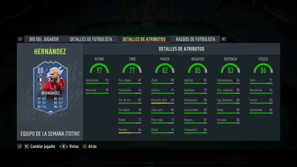 Stats in game Theo Hernández TIF FIFA 22 Ultimate Team
