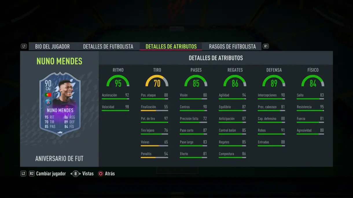 Stats in game Nuno Mendes FUT Birthday FIFA 22 Ultimate Team
