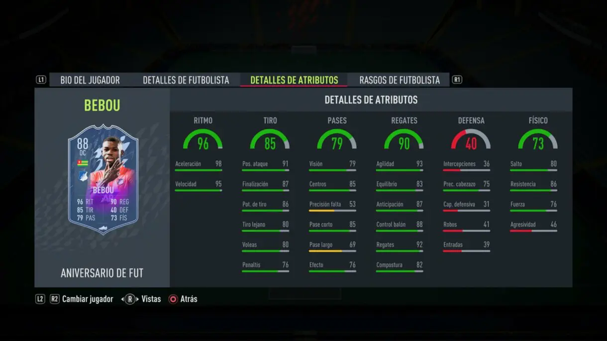 Stats in game Bebou FUT Birthday FIFA 22 Ultimate Team