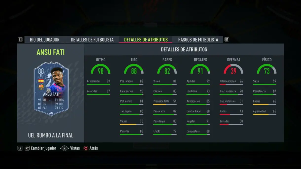 Stats in game actualizadas Ansu Fati RTTF FIFA 22 Ultimate Team