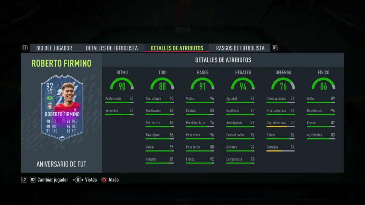 Stats in game Firmino FUT Birthday FIFA 22 Ultimate Team