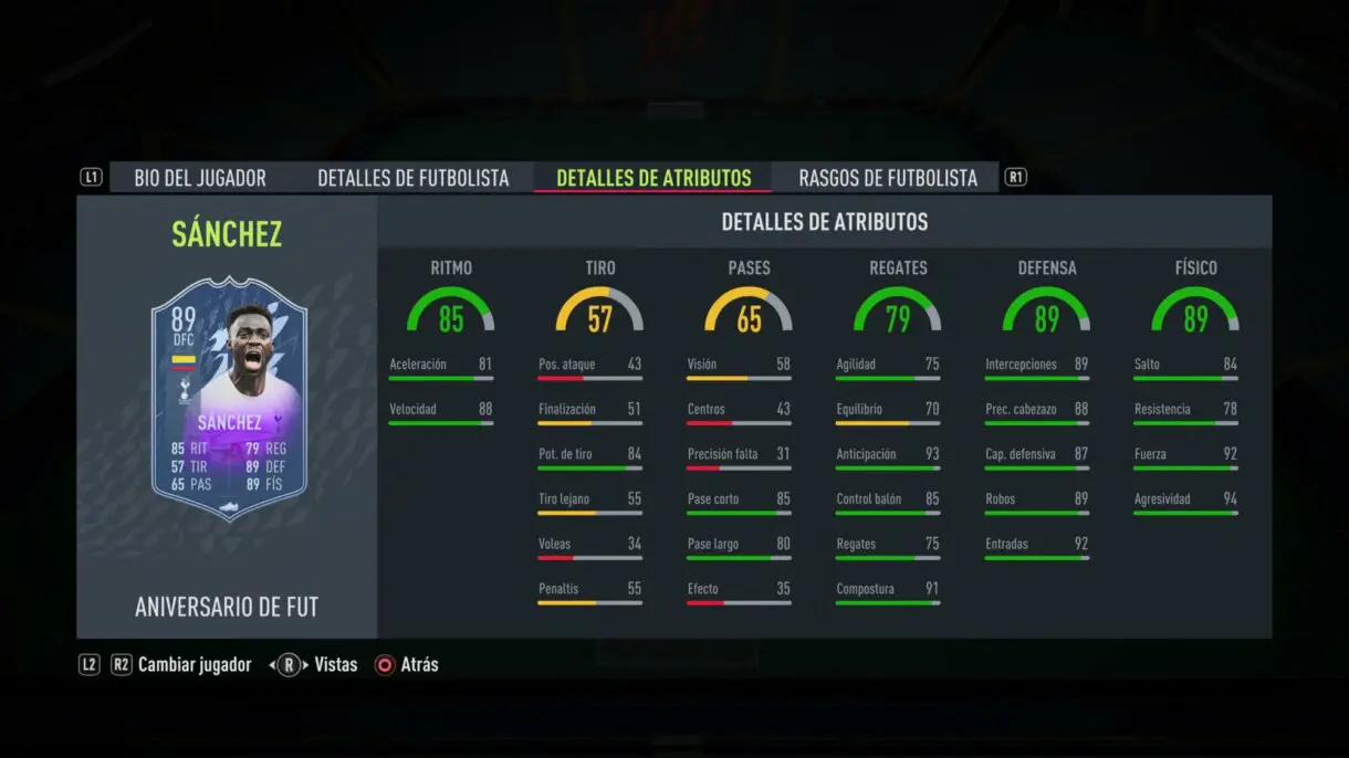 Stats in game Davinson Sánchez FUT Birthday FIFA 22 Ultimate Team
