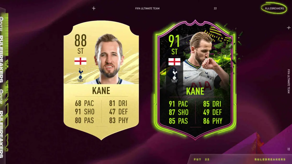 Cartas Harry Kane oro vs Rulebreakers FIFA 21 Ultimate Team