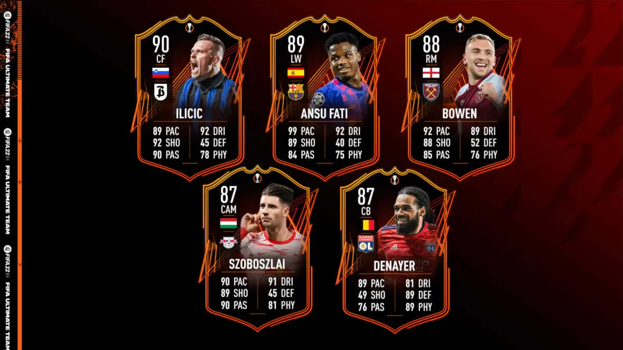 Cartas RTTF Ilicic, Ansu Fati, Bowen, Szoboszlai y Denayer FIFA 22 Ultimate Team
