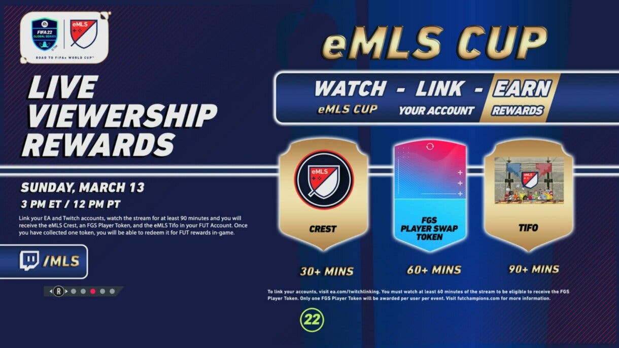 Pantalla de carga de FIFA 22 Ultimate Team con información del evento eMLS CUP