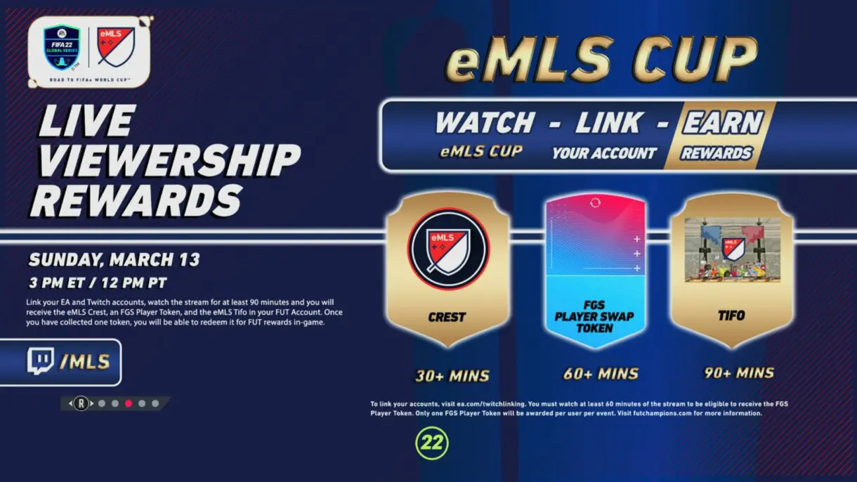 Pantalla de carga FIFA 22 Ultimate Team con información sobre el evento eMLS CUP