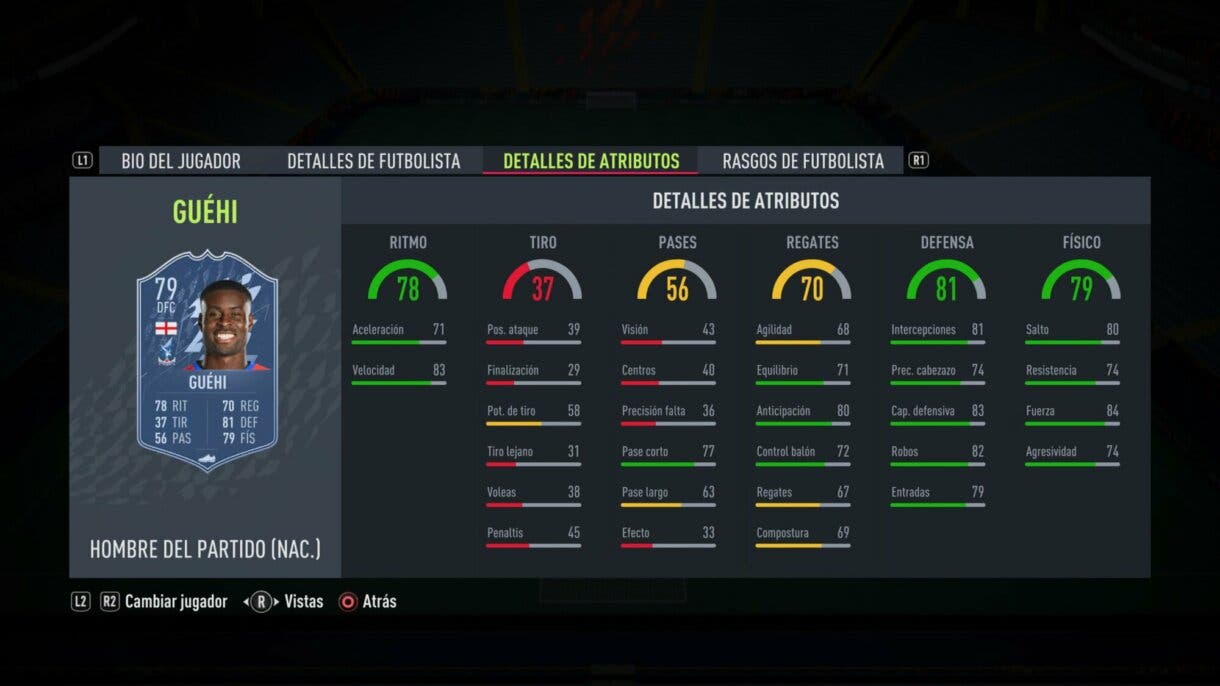 Stats in game Guéhi MOTM FIFA 22 Ultimate Team
