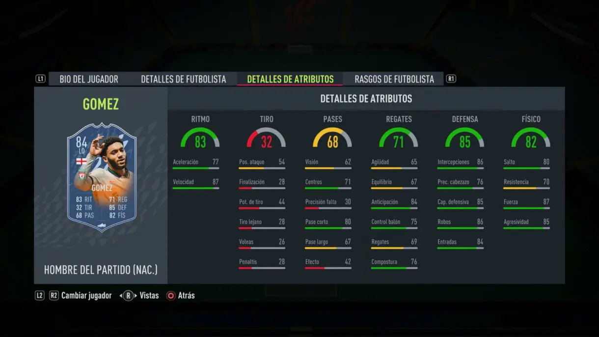 Stats in game Joe Gómez MOTM FIFA 22 Ultimate Team