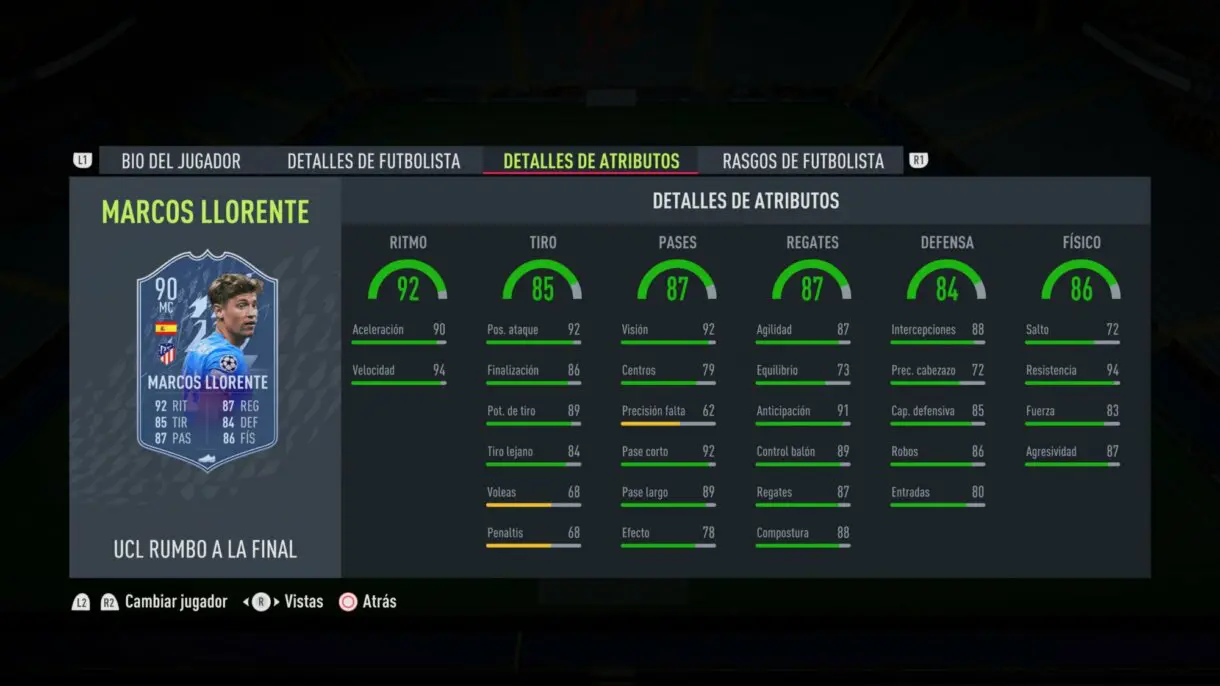 Stats in game Marcos Llorente RTTF actualizado 90 FIFA 22 Ultimate Team