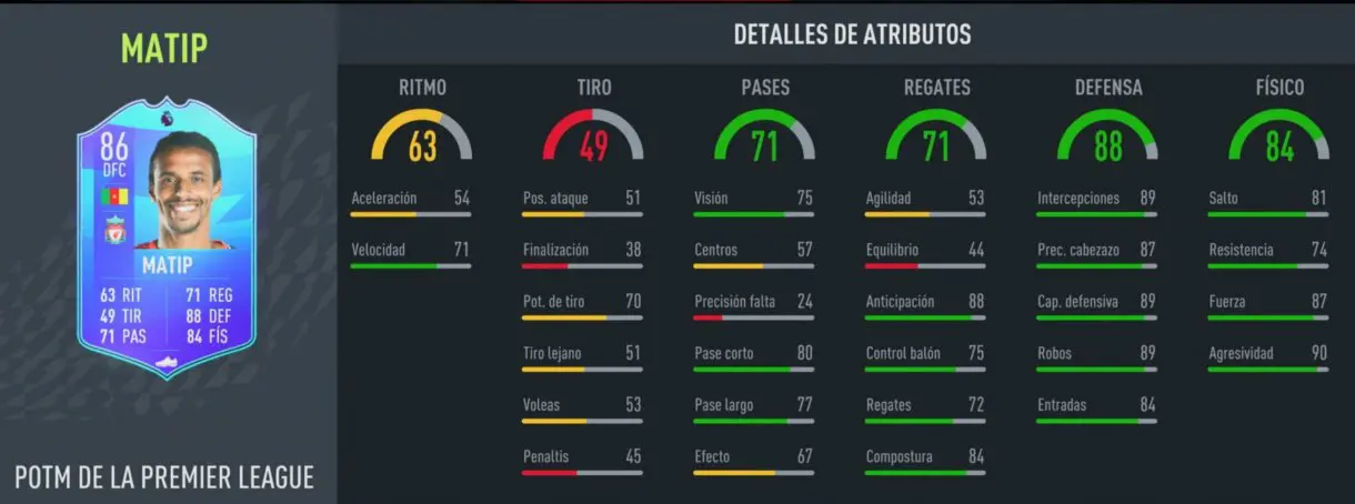 Stats in game Joël Matip POTM FIFA 22 Ultimate Team