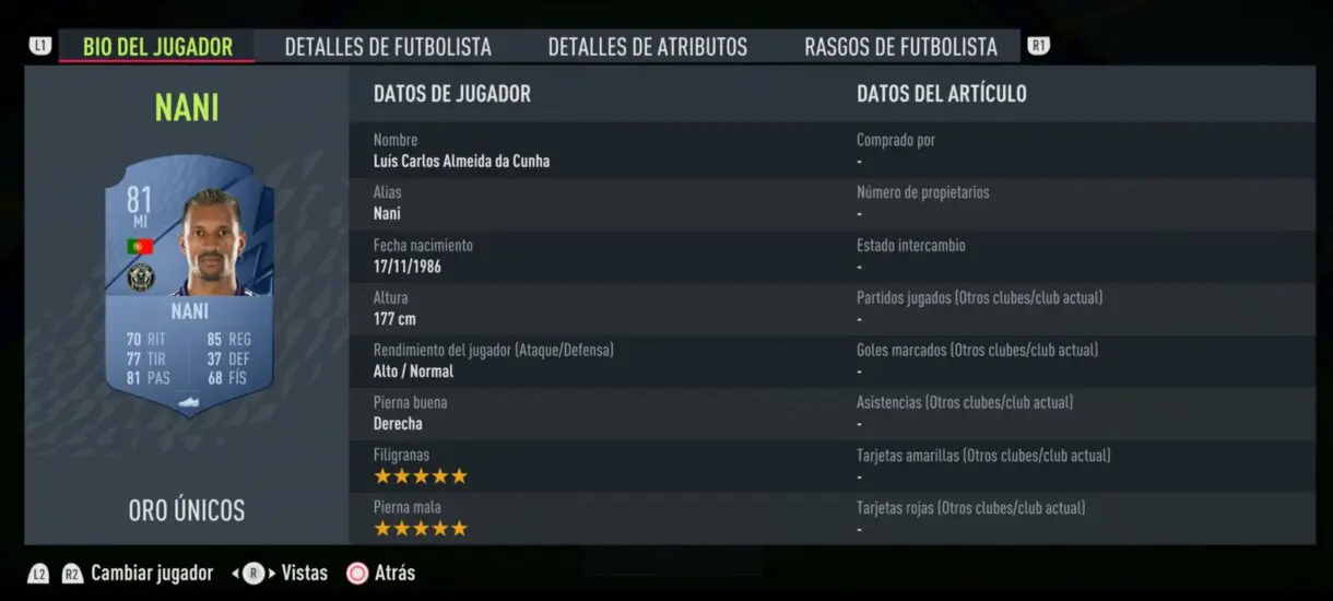 Bio del jugador de Nani oro FIFA 22 Ultimate Team