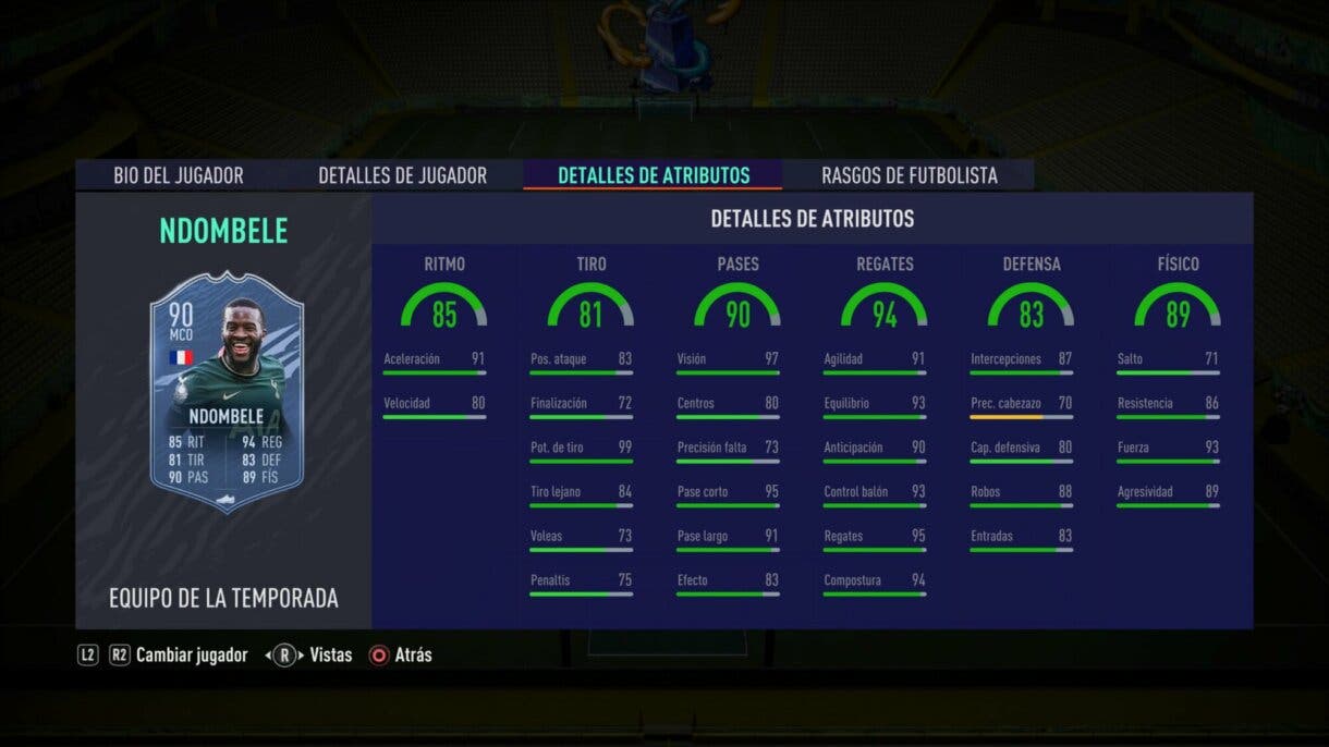Stats in game Ndombélé TOTS FIFA 21 Ultimate Team
