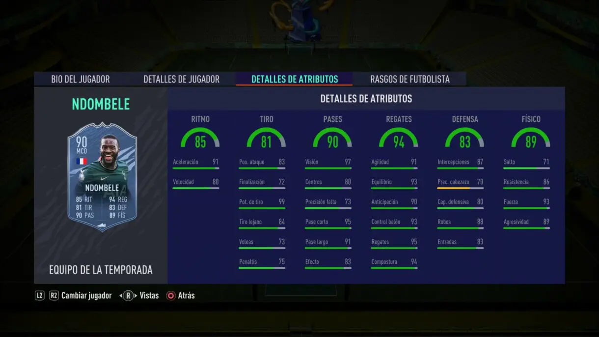 Stats in game Ndombélé TOTS FIFA 21 Ultimate Team
