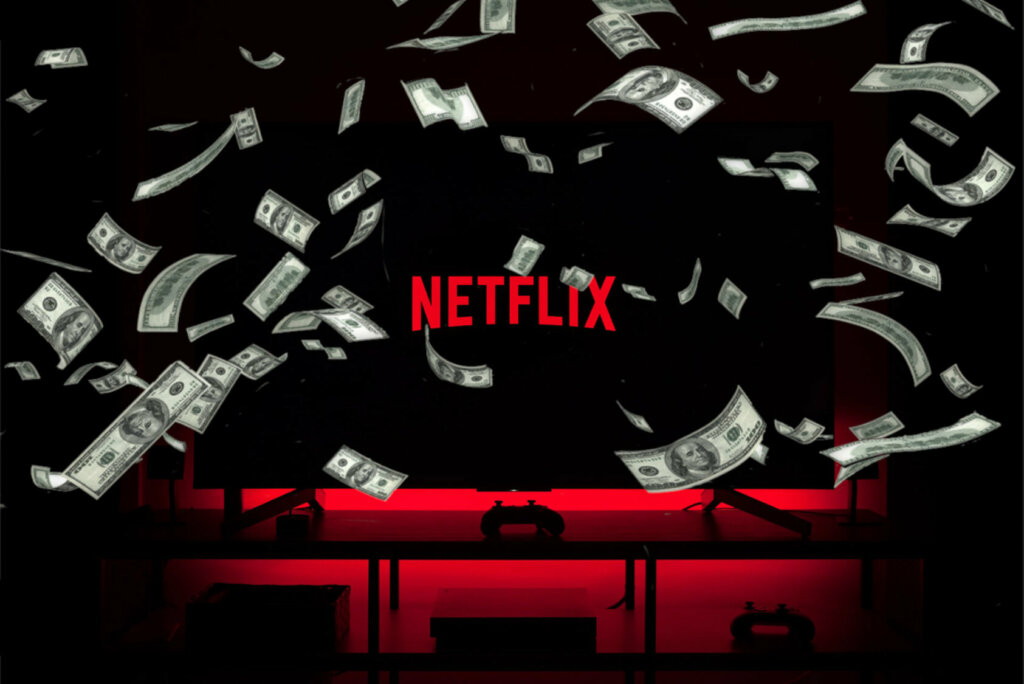 Billetes cayendo delante de una televisión con Netflix
