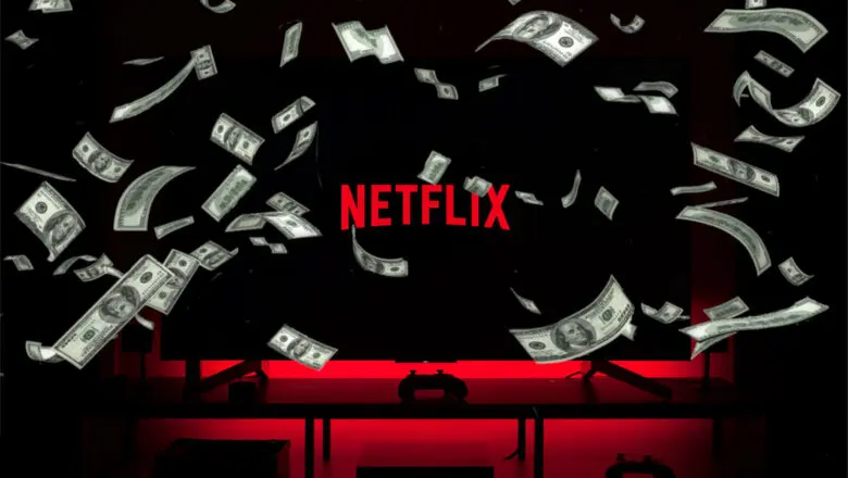 Billetes cayendo delante de una televisión con Netflix