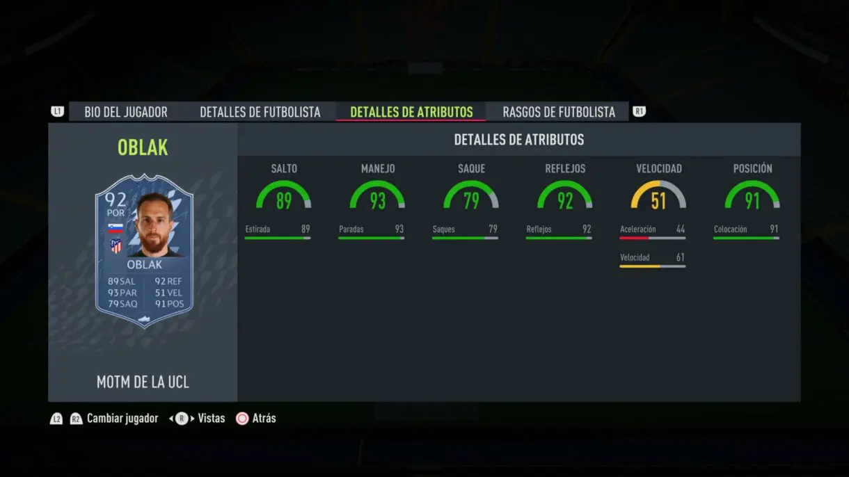 Stats in game Oblak MOTM FIFA 22 Ultimate Team
