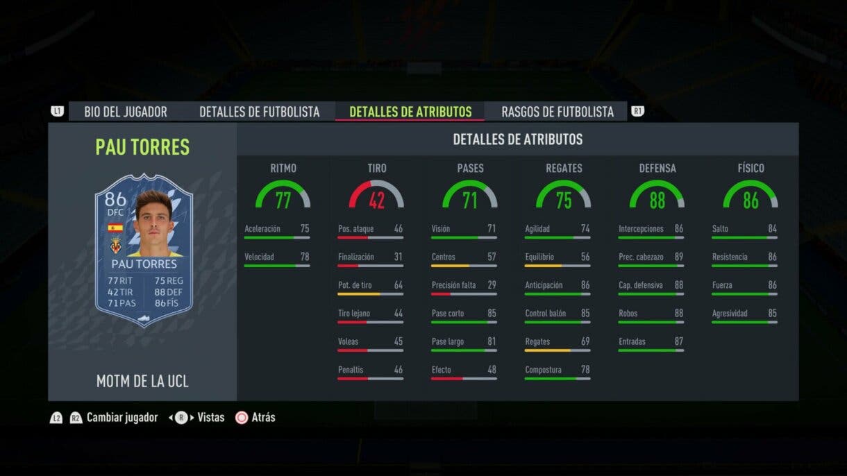 Stats in game Pau Torres MOTM FIFA 22 Ultimate Team