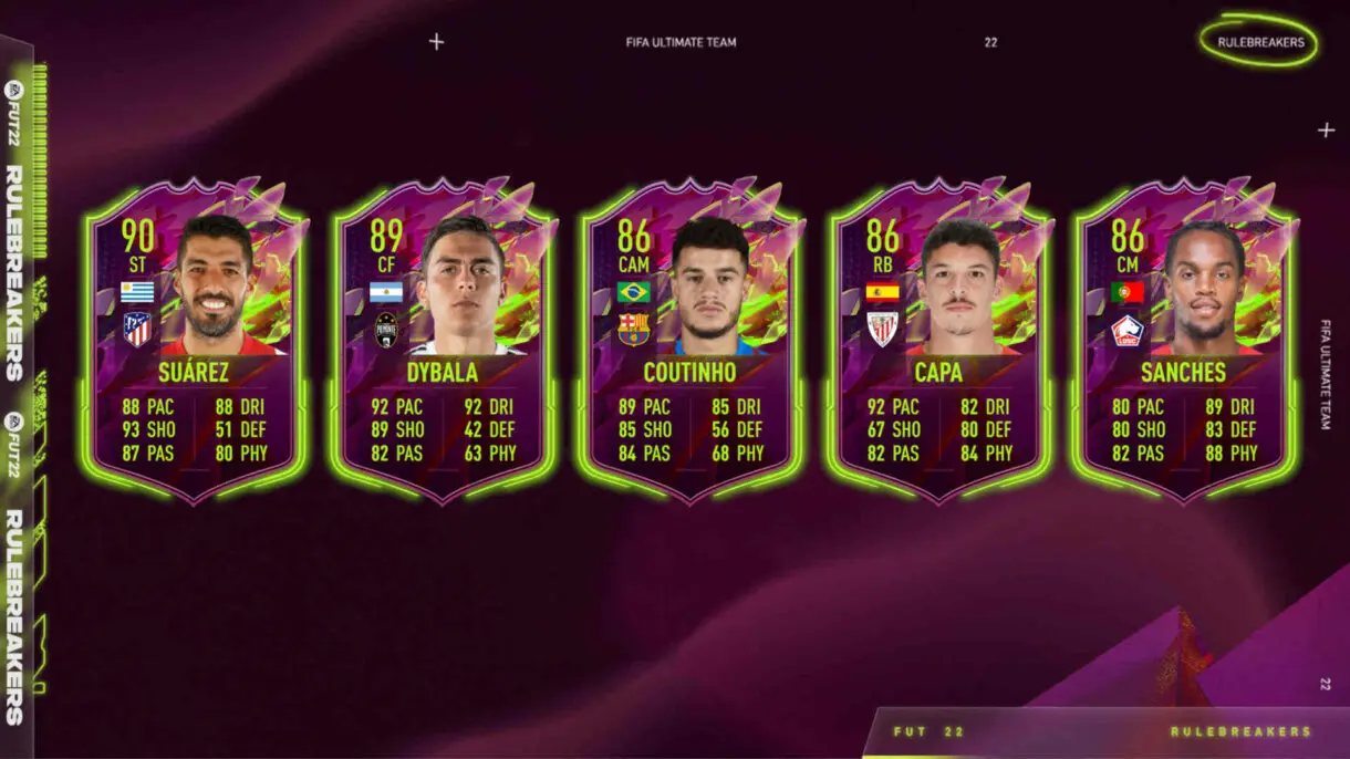 Hipotéticas cartas Rulebreakers Suárez, Dybala, Coutinho, Capa y Renato Sanches FIFA 22 Ultimate Team