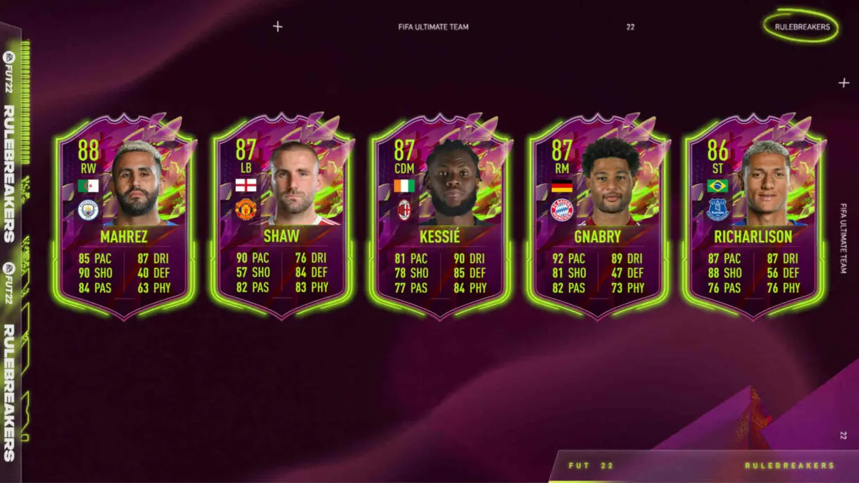 Hipotéticas cartas Rulebreakers Mahrez, Shaw, Kessié, Gnabry y Richarlison FIFA 22 Ultimate Team