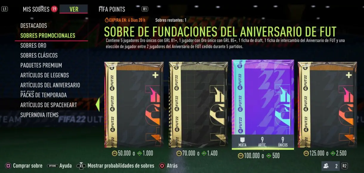 Tienda de FIFA 22 Ultimate Team, apartado Sobres promocionales