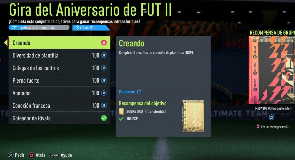 Objetivos "Gira del Aniversario de FUT II" FIFA 22 Ultimate Team. Reto "Creando" completado.