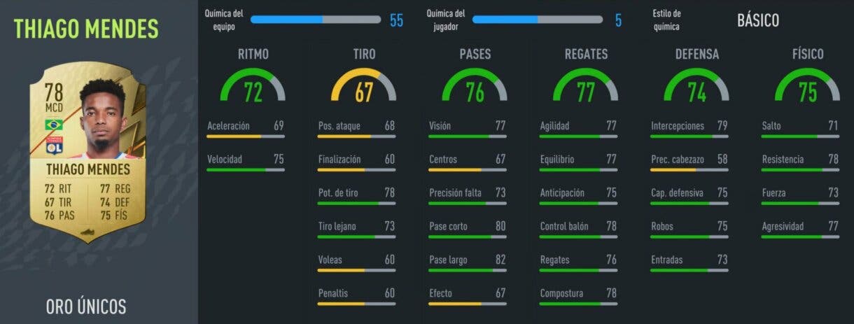 Estadísticas en el juego de Thiago Mendes Gold FIFA 22 Ultimate Team