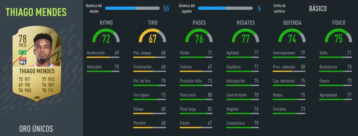 Stats in game Thiago Mendes oro FIFA 22 Ultimate Team