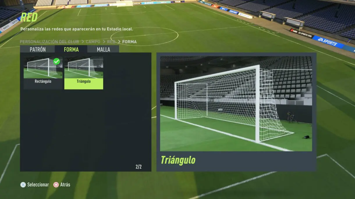 Menú creador de club Modo Carrera FIFA 22. Apartado de redes dentro de estadio. "Forma" de las redes.