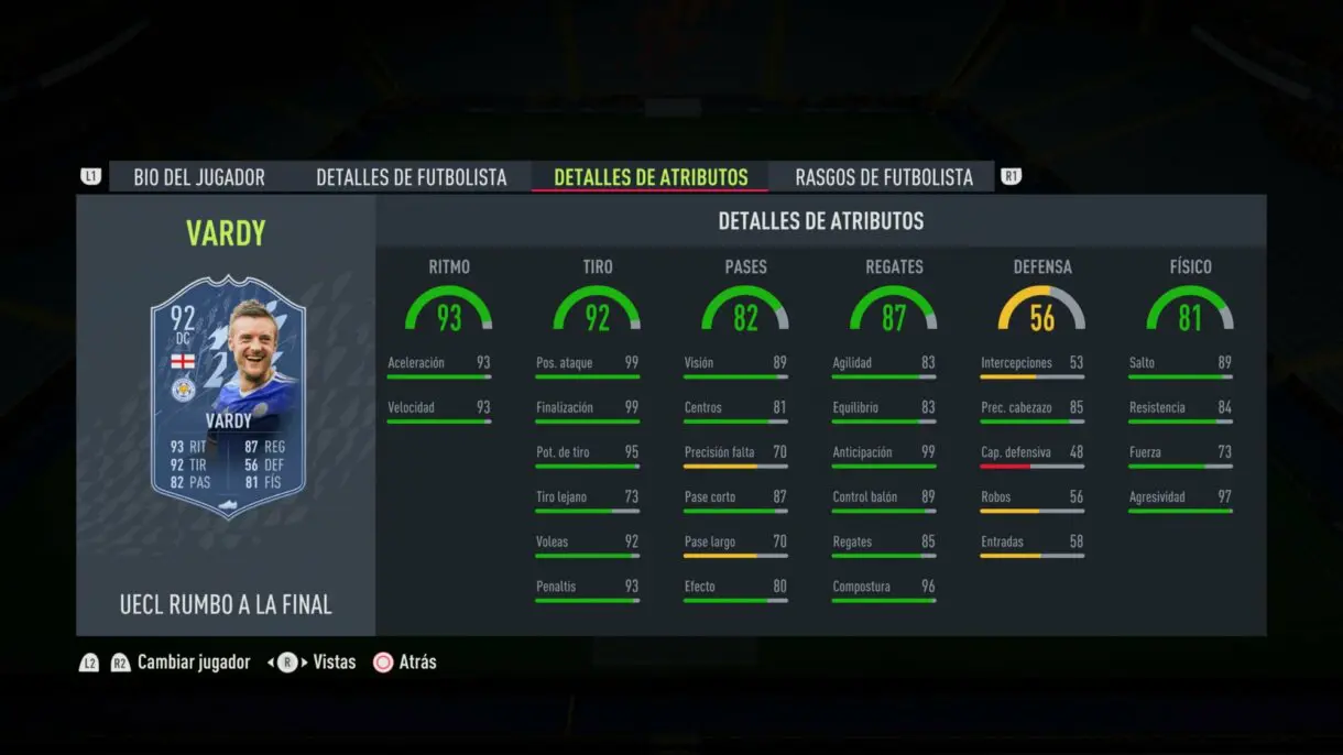 Stats in game Jamie Vardy RTTF actualizado 92 FIFA 22 Ultimate Team