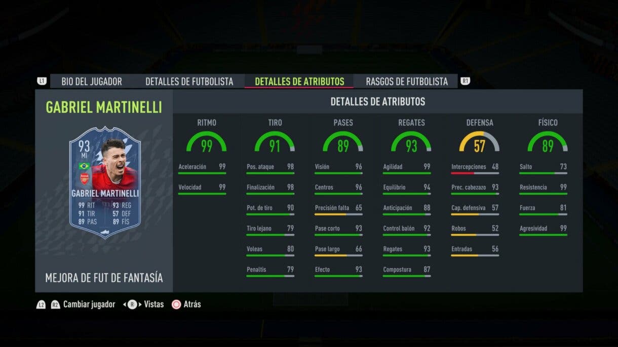 Stats in game actualizadas Gabriel Martinelli Fantasy FUT FIFA 22 Ultimate Team