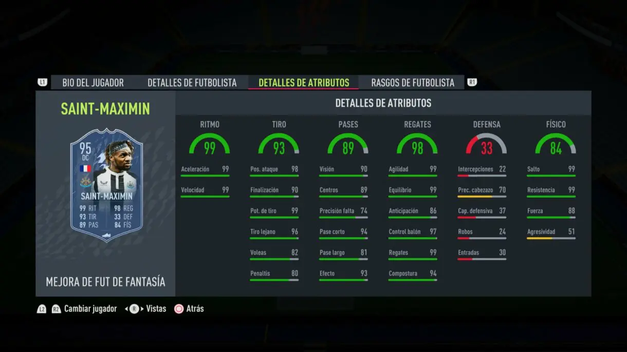 Stats in game actualizadas Saint-Maximin Fantasy FUT FIFA 22 Ultimate Team