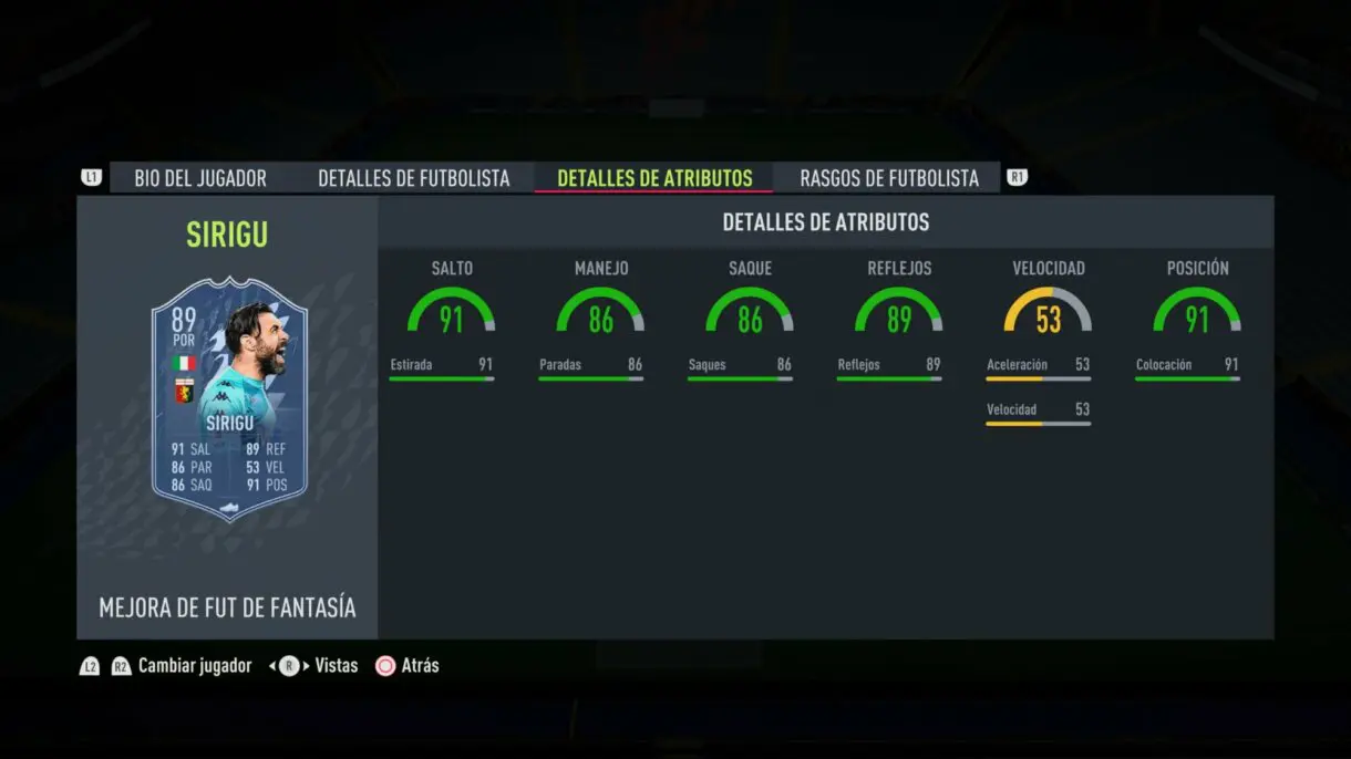 Stats in game actualizadas Sirigu Fantasy FUT FIFA 22 Ultimate Team