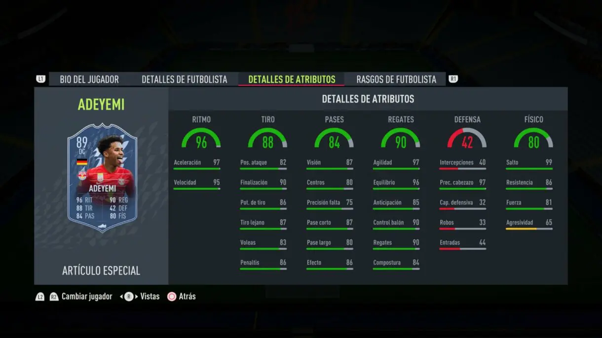 Stats in game Adeyemi TOTS FIFA 22 Ultimate Team