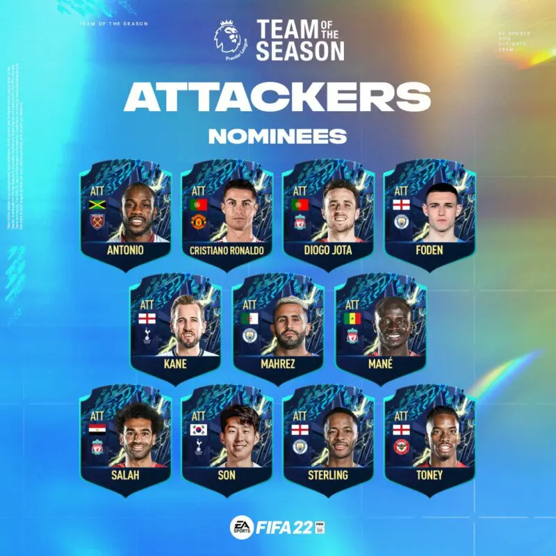 Cartas nominados TOTS delanteros Premier League FIFA 22 Ultimate Team (sin stats ni medias)