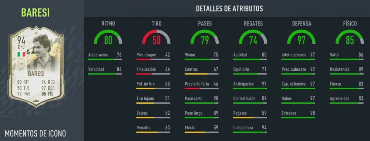 Stats in game de Baresi Icono Moments FIFA 22 Ultimate Team