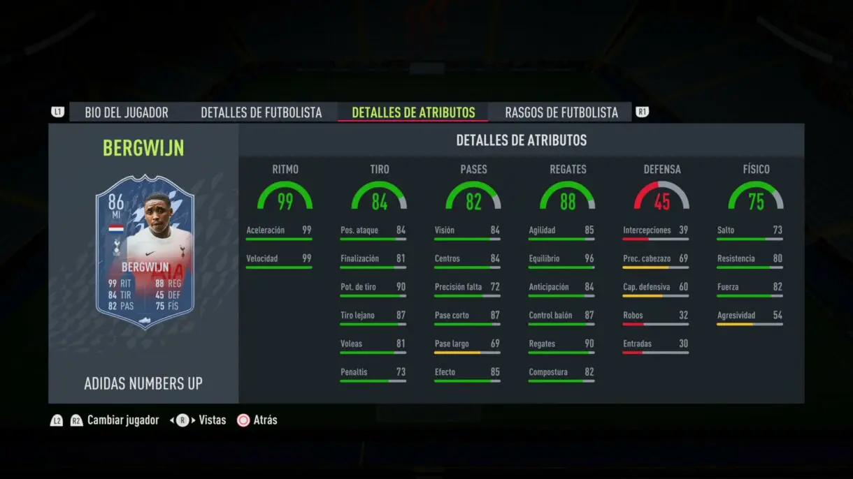 Stats in game actualizadas de Bergwijn Numbers Up FIFA 22 Ultimate Team