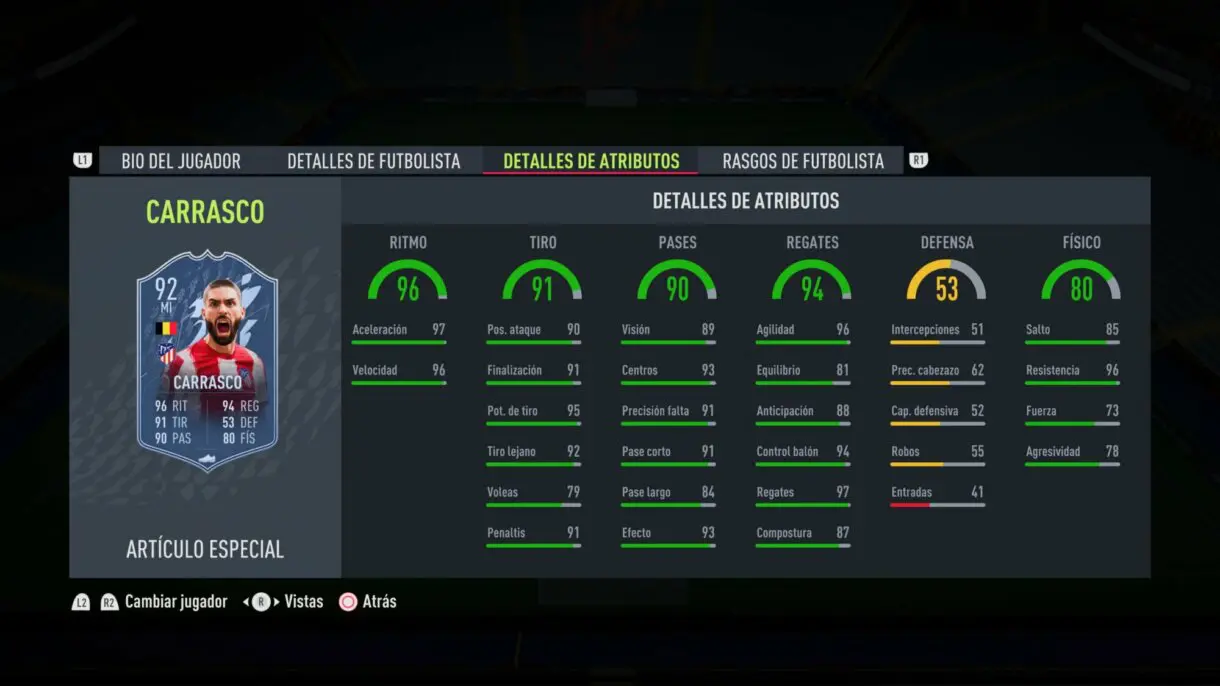 Stats in game Carrasco TOTS FIFA 22 Ultimate Team
