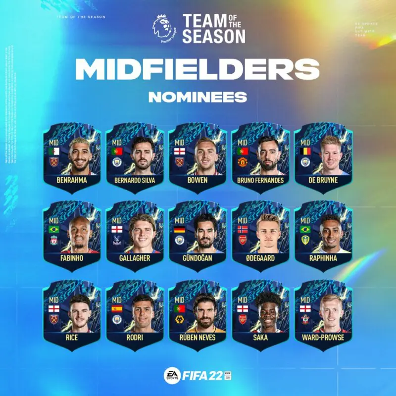 Cartas nominados TOTS centrocampistas Premier League FIFA 22 Ultimate Team (sin stats ni medias)
