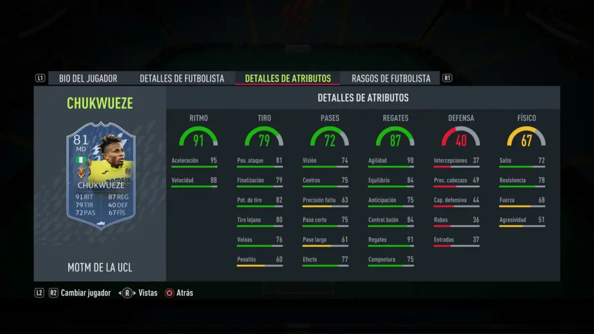 Stats in game Chukwueze MOTM FIFA 22 Ultimate Team