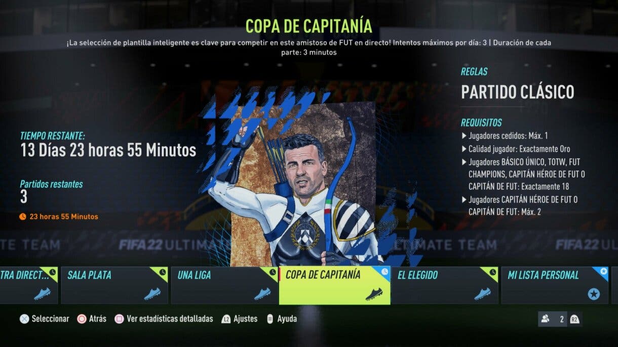 Menú general torneos amistoso online FIFA 22 Ultimate Team. Información de "Copa de capitanía"
