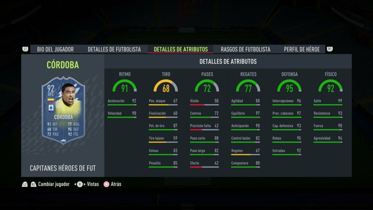 Stats in game Iván Córdoba FUT Heroes Captains FIFA 22 Ultimate Team